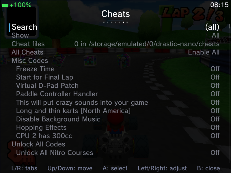 Cheats page with the Cheat files row