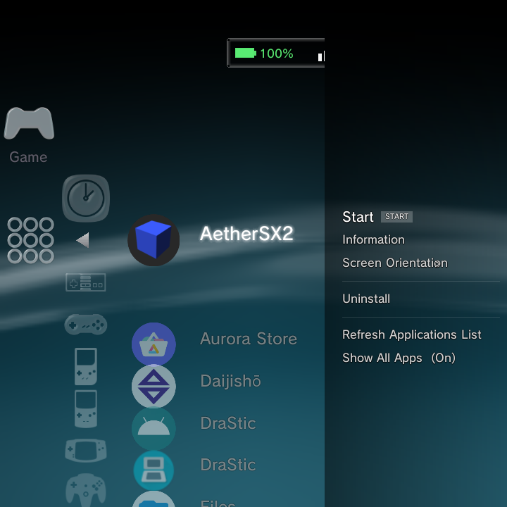 Options menu on the AetherSX2 app