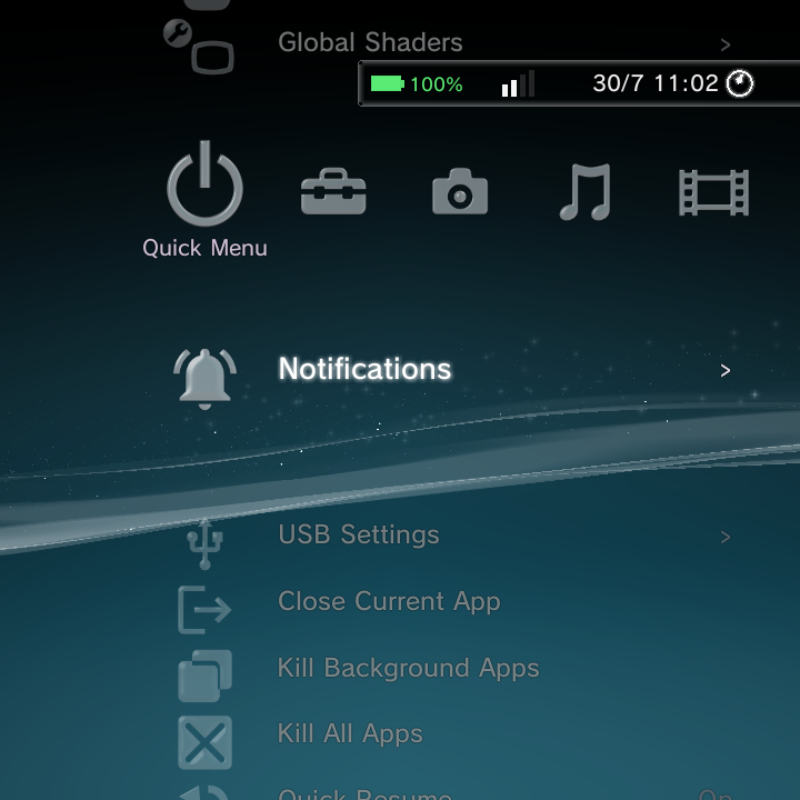 More Quick Menu items: USB, Close Apps, Quick Resume